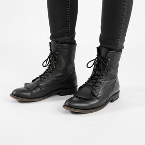 BOULET BLACK LEATHER FRINGE LACE UP BOOTS MEN 7.5